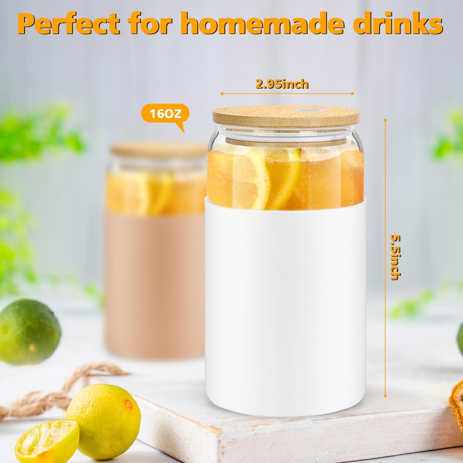 sungwoo Glass Cups with Bamboo Lids and Straws, 16OZ, 2 Pack B916395