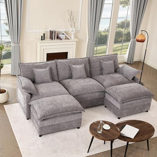 U Shaped Modular Sectional Sofa with Ottoman, Chenille, Black P2121