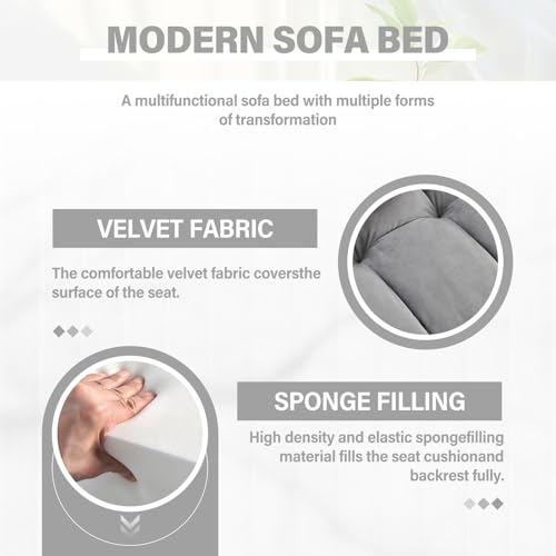 WIIS' IDEA Convertible Sofa Bed 3-in-1 Velvet Sleeper with Adjustable Backrest, Gray L188547
