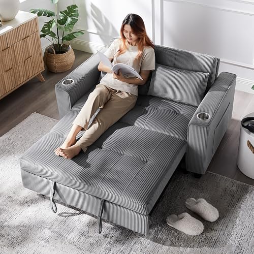 OKD 3 in 1 Convertible Sleeper Sofa Bed, Corduroy Pull Out Futon Couch with Charging Station, Light Grey Y57647