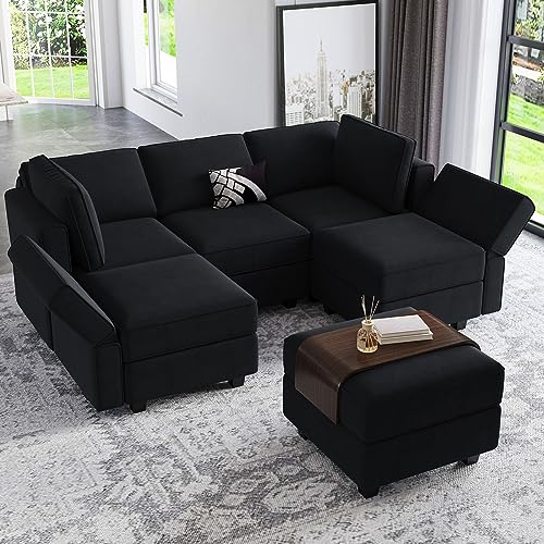 Belffin Modular Velvet Sectional Sofa with Chaise Lounge and Storage, Grey T418154