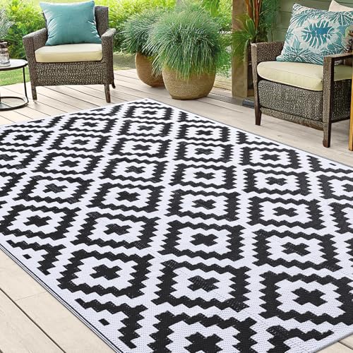 Smiry Waterproof Outdoor Rug 5x8 ft, Reversible Plastic Straw Patio Mat, Black & Beige P20186