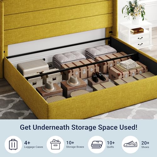 Allewie Full Size Lift Up Storage Bed with Wingback Headboard, Light Beige C85153