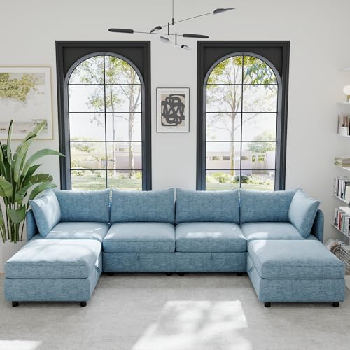 Oversized Modular Sectional Sofa with Movable Ottomans, U-Shaped Chenille J2923
