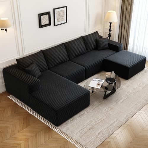 Cloud Modular Sectional Sofa with Ottoman, U Shaped, Black M332378