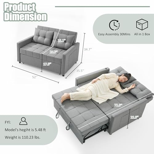 52" Sleeper Sofa with Pull-Out Bed, 3-in-1 Convertible, Linen, Light Gray E80103
