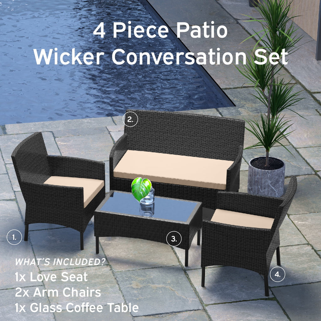 Nestl 4-Piece Outdoor Patio Furniture Set, Wicker, Black/Beige P798857
