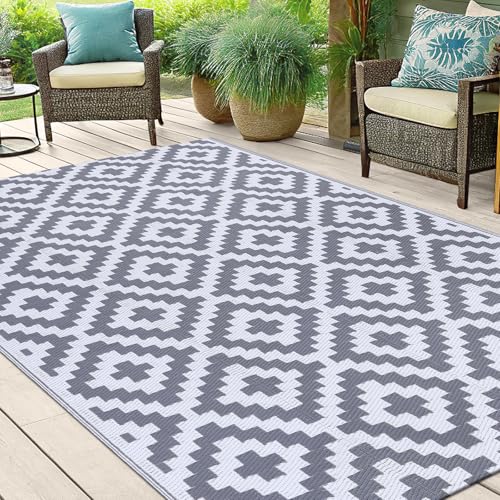 Smiry Waterproof Outdoor Rug 5x8 ft, Reversible Plastic Straw Patio Mat, Black & Beige P20186