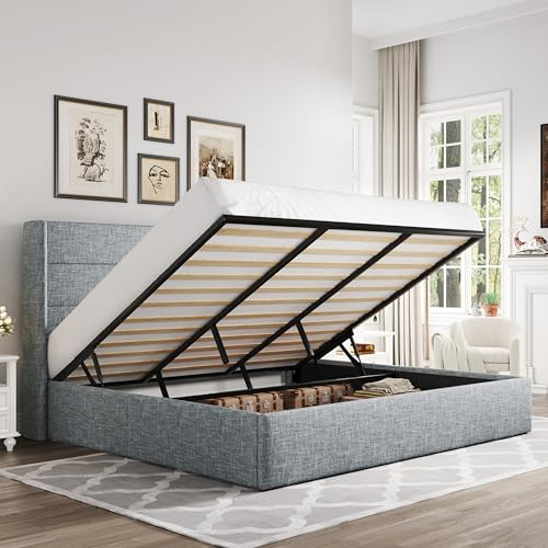 Allewie Full Size Lift Up Storage Bed with Wingback Headboard, Light Beige C85153