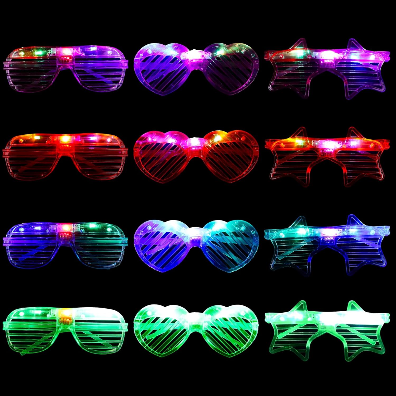 LED Glasses 12 Pack, 3 Shapes 4 Colors, Light Up Neon Party Favors for Adults H969