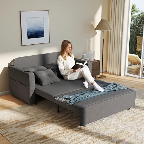 3 in 1 Pull Out Couch Convertible Sleeper Sofa Bed with Cup Holders, Grey U432