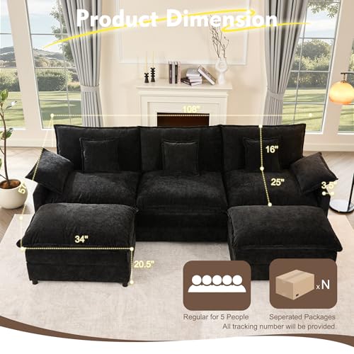 U Shaped Modular Sectional Sofa with Ottoman, Chenille, Black P2121