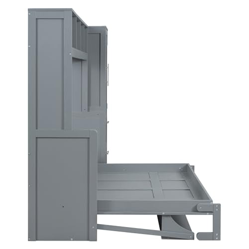 Queen Size Murphy Bed Wall Bed with Closet and Drawers, Gray P80410