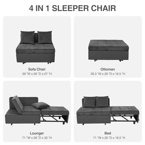 Velvet Convertible Sofa Bed Sleeper Chair with 2 Throw Pillows, Dark Grey U621331