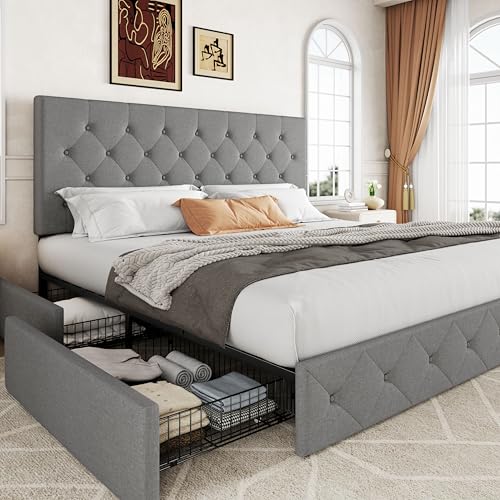 Allewie Upholstered Queen Platform Bed Frame with 4 Drawers and Headboard, Light Grey A922