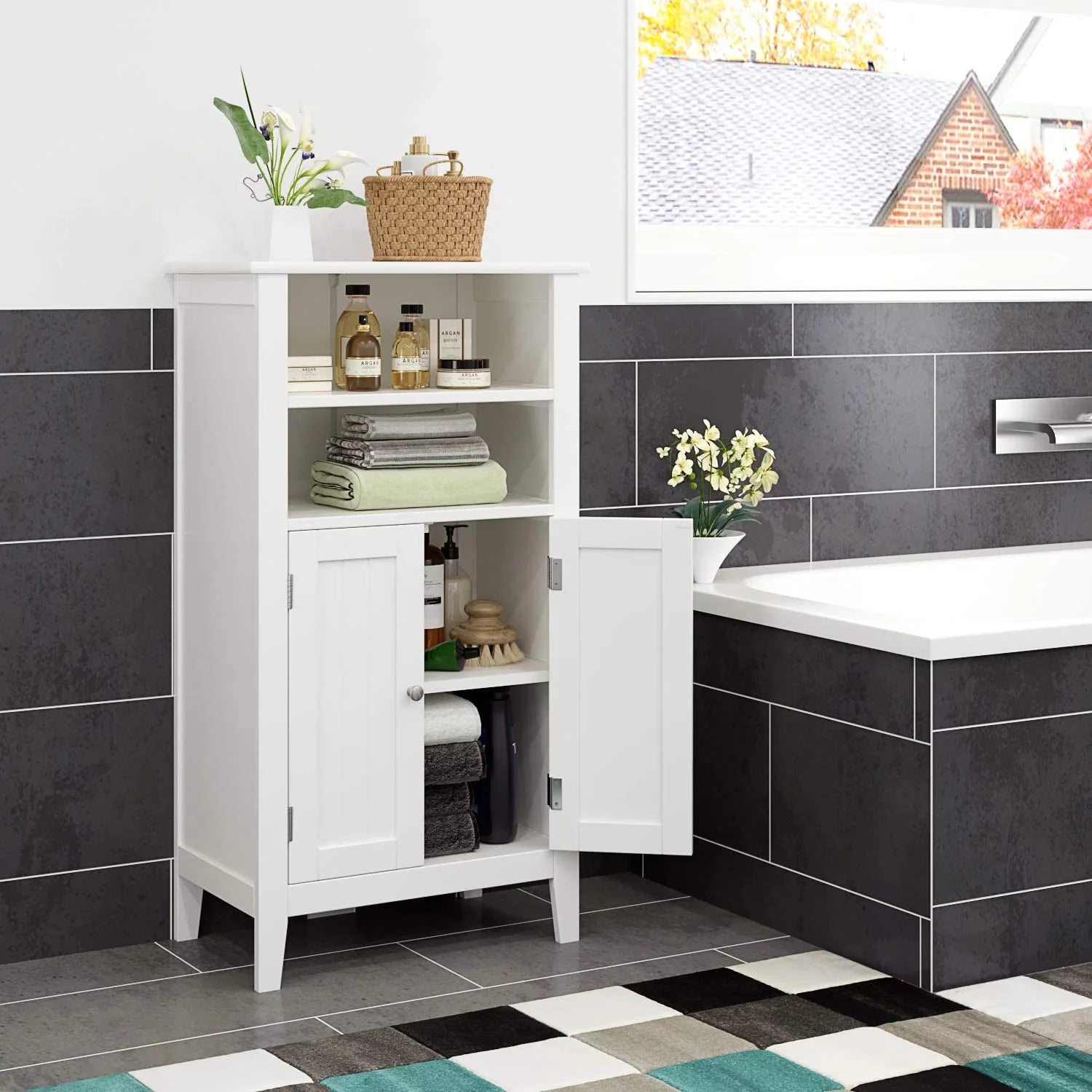 Homfa 2 Tier Bathroom Storage Cabinet with Doors, White Y42661