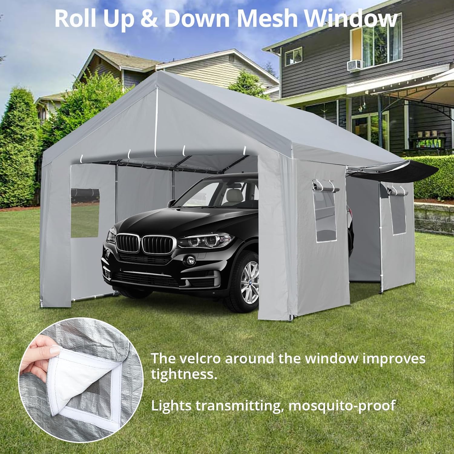 Carport 10×20 FT Portable Garage, Heavy Duty Steel Frame with Roll-up Doors, Grey W27744