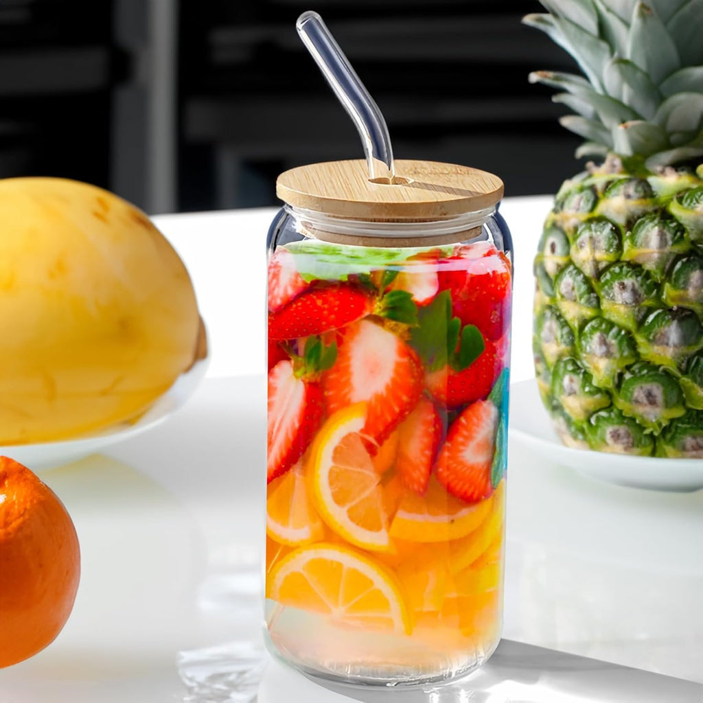 6 Pack Glass Cups with Bamboo Lids and Straws 16 oz Z667
