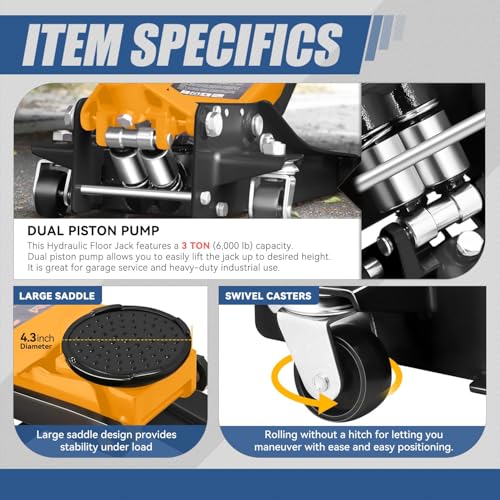 Auto Dynasty 4 Ton Low Profile Floor Jack, Heavy Duty Steel Hydraulic, Yellow B7990