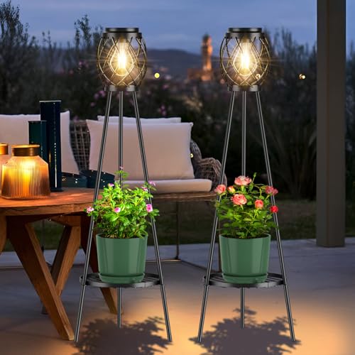 2 Pack Solar Lights Outdoor with Plant Stands - Metal Tripod Patio Decor M835880