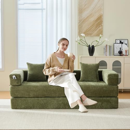 Corduroy Convertible Sleeper Sofa Bed with Pillow, Beige S401207
