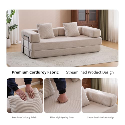 Corduroy Convertible Sleeper Sofa Bed with Pillow, Beige S401207