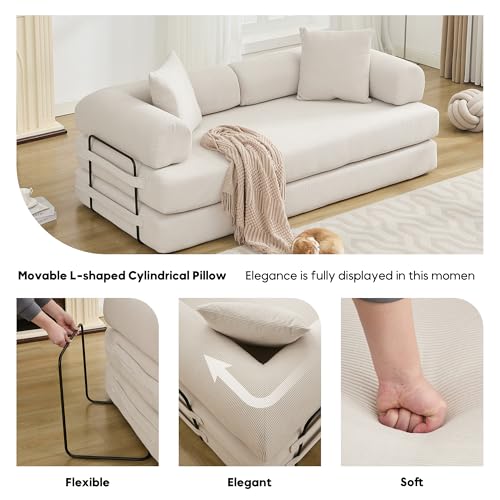 Corduroy Convertible Sleeper Sofa Bed with Pillow, Beige S401207