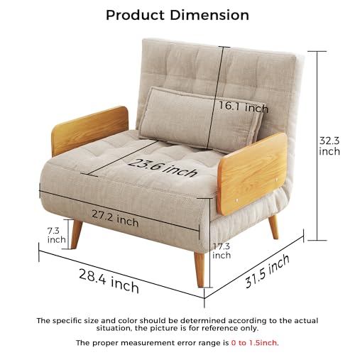 Convertible Chair Bed Sleeper for Adults with Wooden Arms, Linen G638