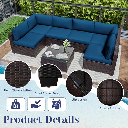 KIGOTY Patio Furniture Set 7 Pieces Outdoor Sectional Sofa with Cushions and Glass Coffee Table B60021