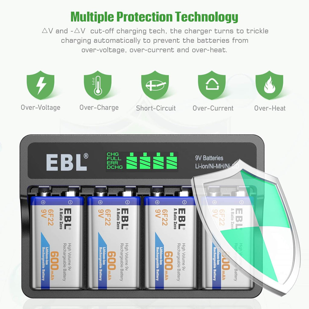 EBL 9V Li-ion Rechargeable Batteries 600mAh 4-Pack with LCD Smart Charger B9692