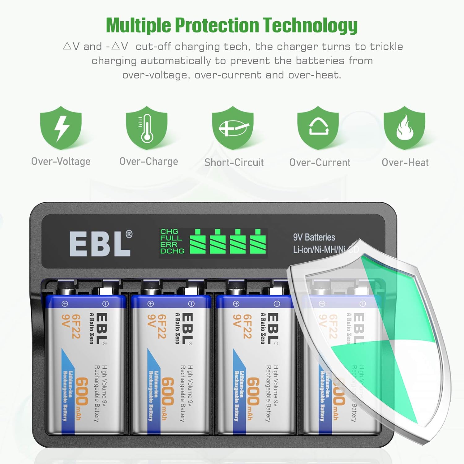 EBL 9V Li-ion Rechargeable Batteries 600mAh 4-Pack with LCD Smart Charger B9692
