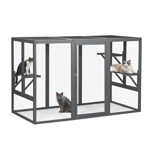Outdoor Cat Enclosure Weatherproof Wooden Catio with 3 Platforms Grey D292834