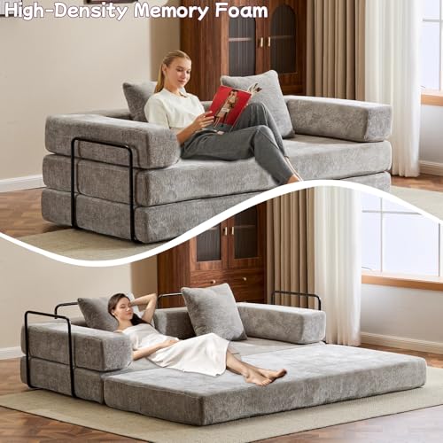 Convertible Floor Sofa Bed with Pillow Back and Armrest, Chenille, Dark Gray N4509