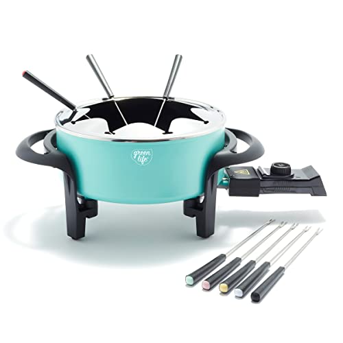 GreenLife 14 Cup Electric Fondue Maker Pot Set For Cheese, Chocolate, and Meat, 8 Color Coded Forks, Healthy Ceramic Nonstick, Adjustable Temperature Control, PFAS-Free, Red