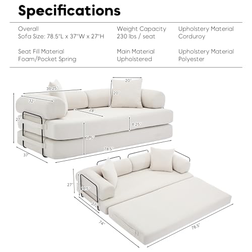 Corduroy Convertible Sleeper Sofa Bed with Pillow, Beige S401207