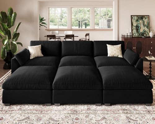Belffin Extra Large Modular Sectional Sofa, 4-Seater L Shaped Velvet Couch, Black A1471