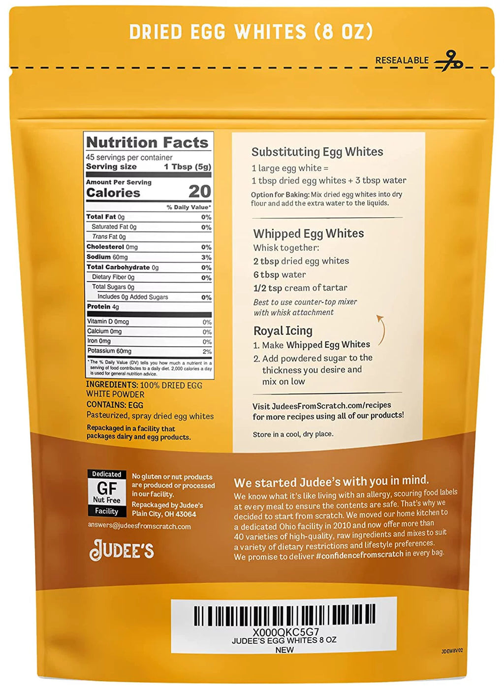 Judee’s Dried Egg White Protein Powder 8 oz, Pasteurized, Non-GMO, Gluten-Free Q6929
