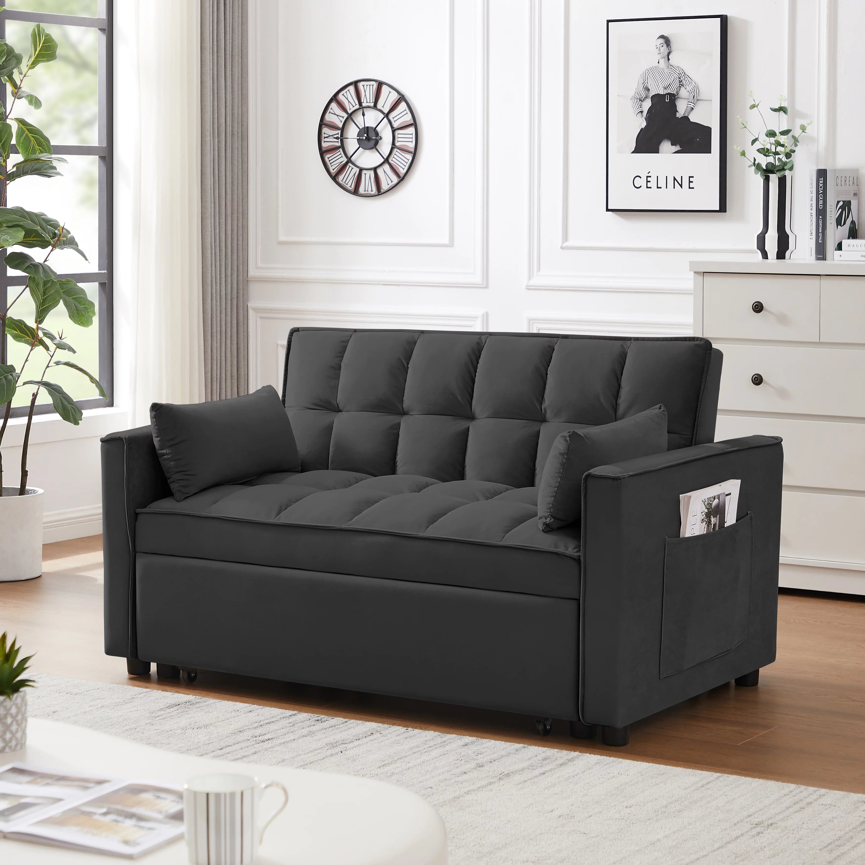 Hombay Modern Velvet Pull Out Convertible Sofa Bed with Reclining Backrest E65595