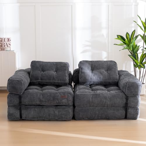 MAXYOYO Folding Sofa Bed L-Shaped Convertible Sleeper Couch with Pillow, Dark Grey X9070