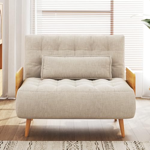 Convertible Chair Bed Sleeper for Adults with Wooden Arms, Linen G638
