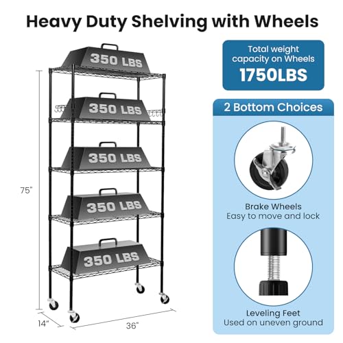 6 Tier Storage Shelves with Wheels, Heavy Duty Adjustable Metal Shelving Rack, Black T460