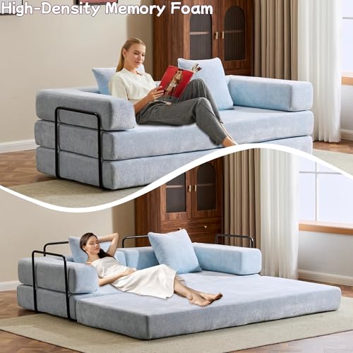 Convertible Floor Sofa Bed with Pillow Back and Armrest, Chenille, Dark Gray N4509