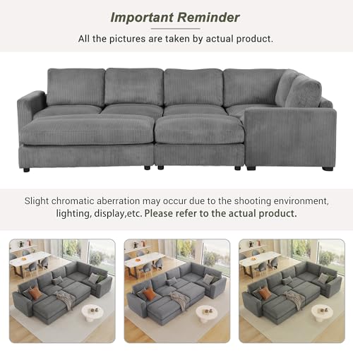 Merax 121.3" Sectional Corduroy Sofa Bed with Two Ottomans, Gray Q499