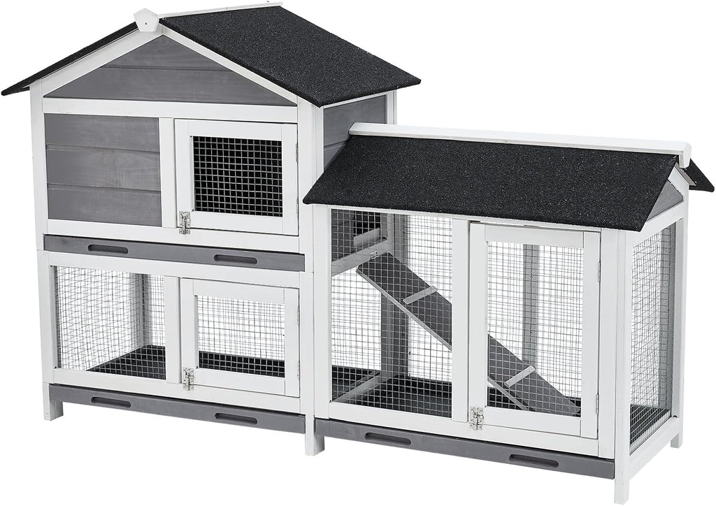 Gravee Two Floors 62" Wooden Outdoor Indoor Roof Waterproof Bunny Hutch Rabbit Cage Guinea Pig Coop PET House for Small to Medium Animals with Stairs and Cleaning Tray PET537