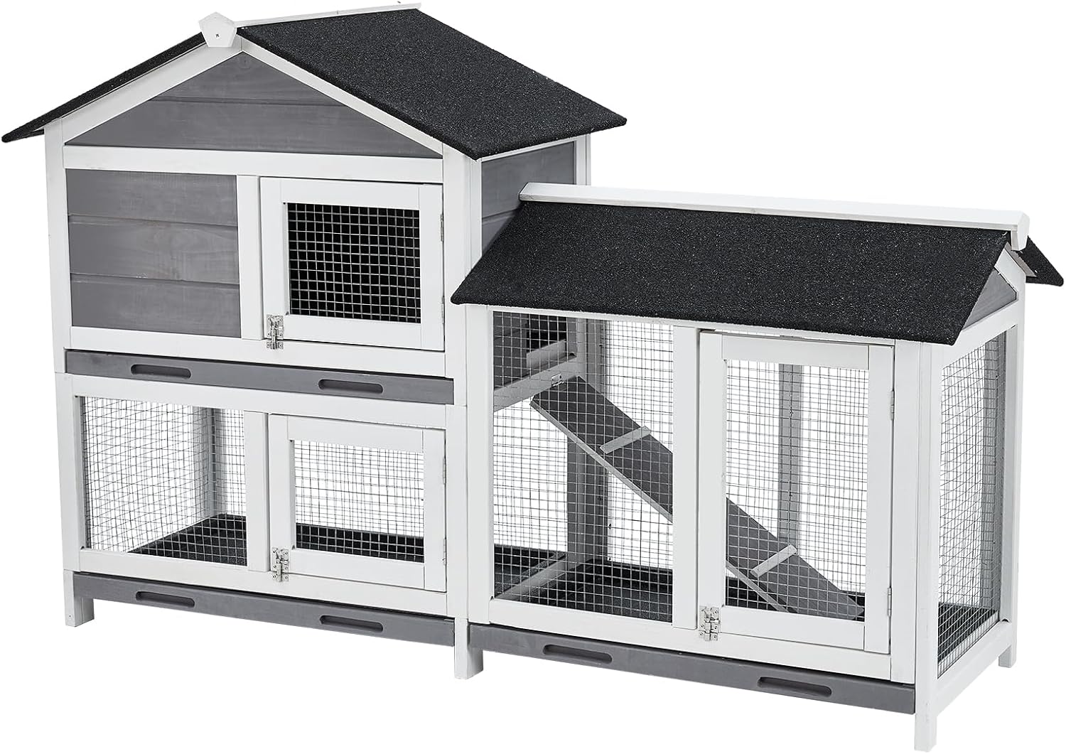 Gravee Two Floors 62" Wooden Outdoor Indoor Roof Waterproof Bunny Hutch Rabbit Cage Guinea Pig Coop PET House for Small to Medium Animals with Stairs and Cleaning Tray PET537