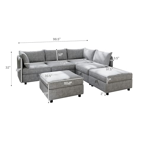 Oversized Modular Sectional Sofa with Movable Ottomans, U-Shaped Chenille J2923