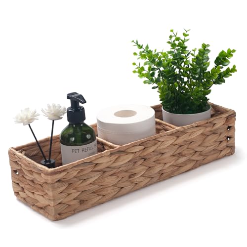Water Hyacinth Toilet Tank Basket with 3 Dividers for Bathroom Storage Q556
