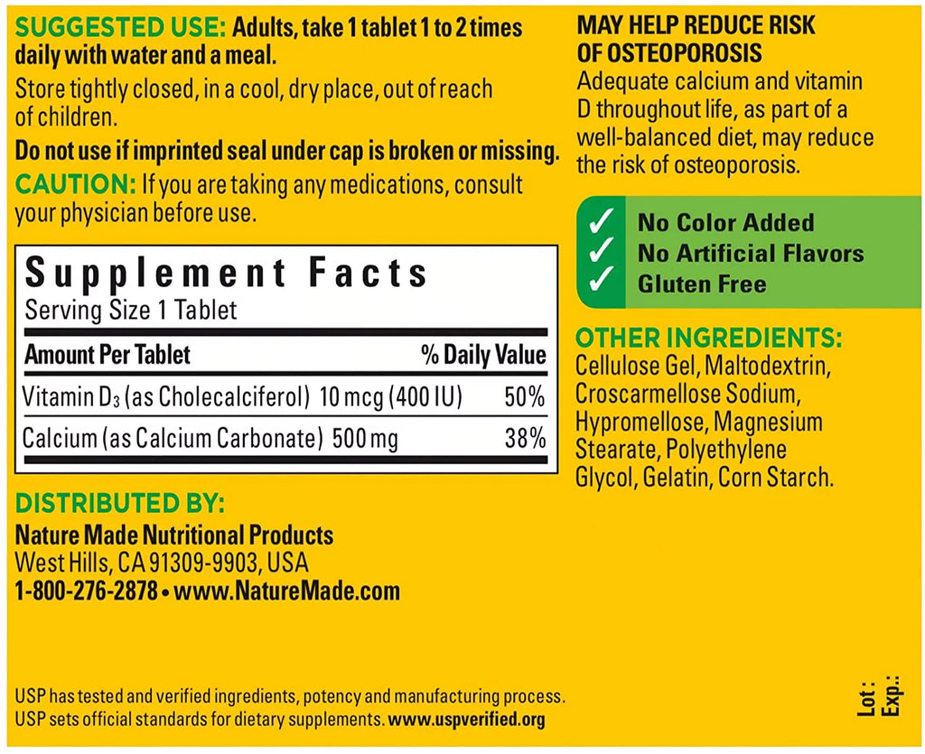 Nature Made Calcium 500 mg Tablets, 130 Count (Pack of 2) V253