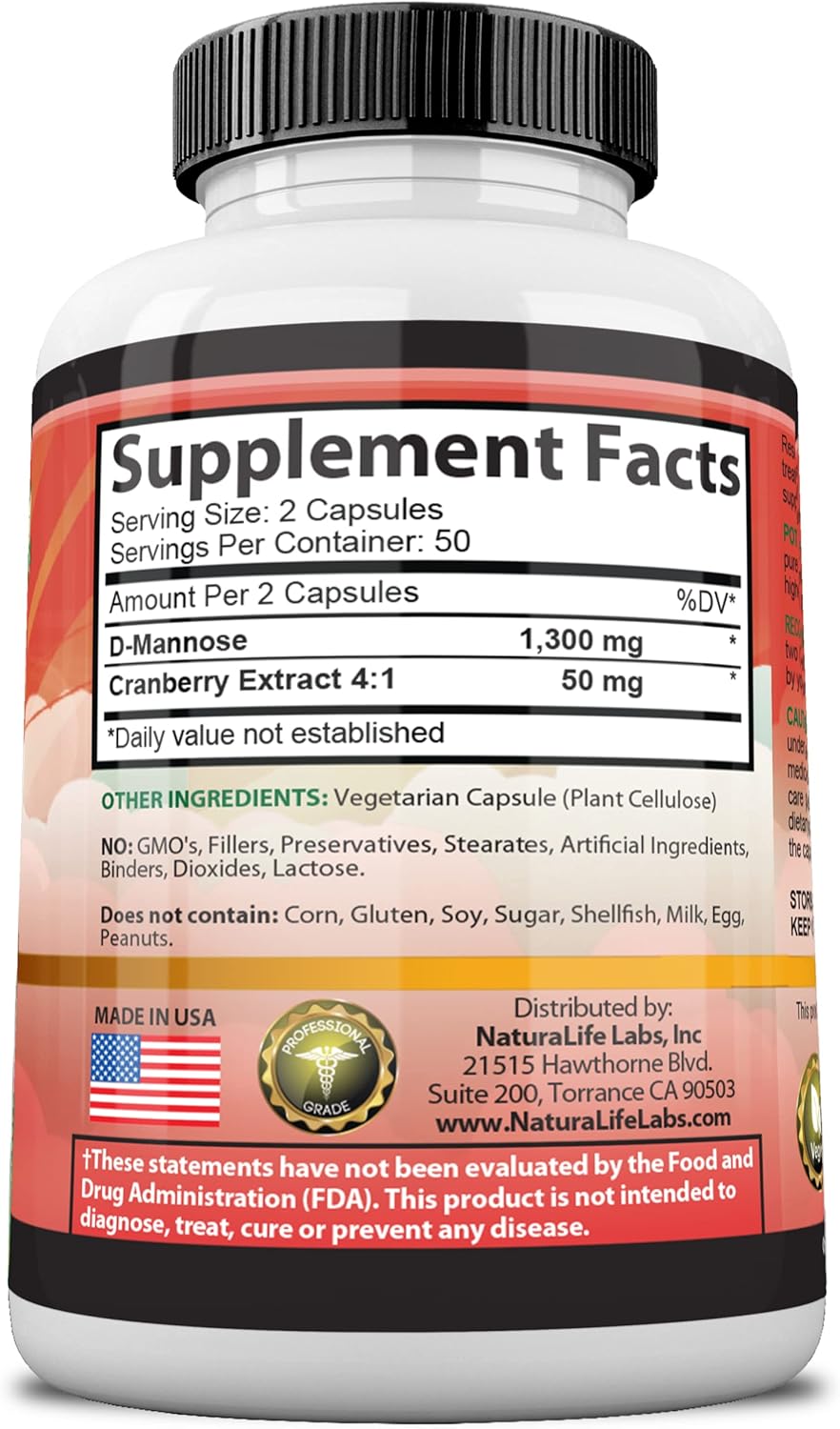D-Mannose 1,300 mg with Cranberry Extract, 100 Veggie Capsules O30029