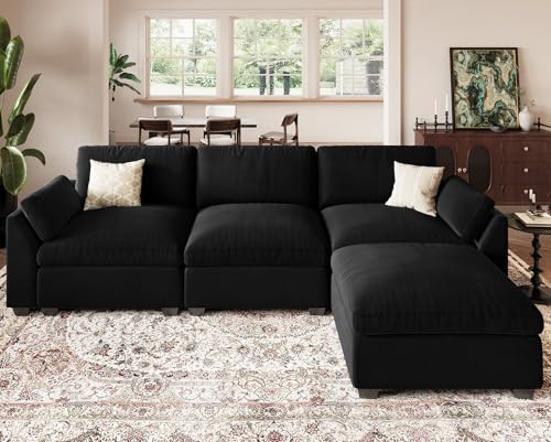 Belffin Extra Large Modular Sectional Sofa, 4-Seater L Shaped Velvet Couch, Black A1471